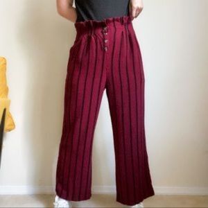 NWOT RESET Burgundy Black Stripe Linen Blend Paper Bag Wide Leg Pants Medium